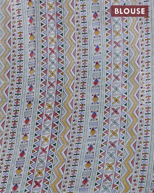 Pochampally silk saree green and off white with allover ikat woven buttas and madhubani prints