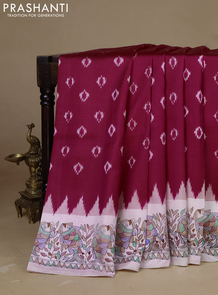Pochampally silk saree dark pink and cream with allover ikat woven buttas and madhubani prints