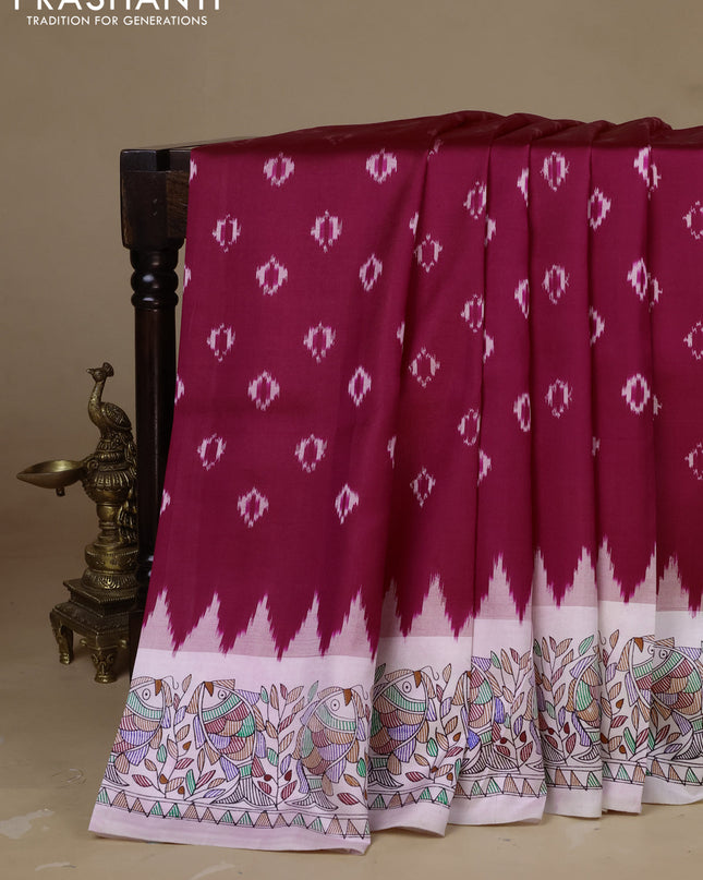Pochampally silk saree dark pink and cream with allover ikat woven buttas and madhubani prints
