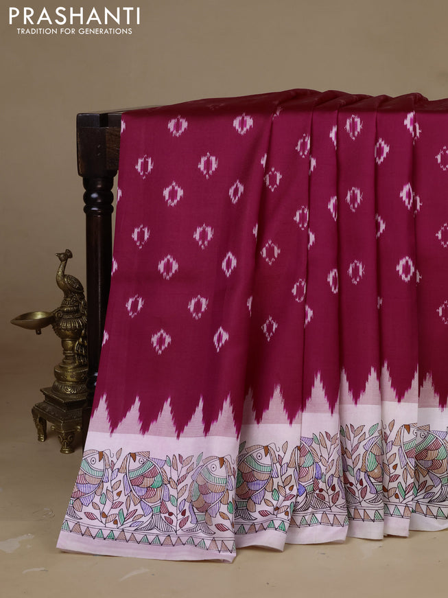 Pochampally silk saree dark pink and cream with allover ikat woven buttas and madhubani prints