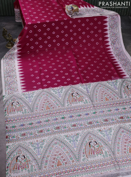 Pochampally silk saree dark pink and cream with allover ikat woven buttas and madhubani prints