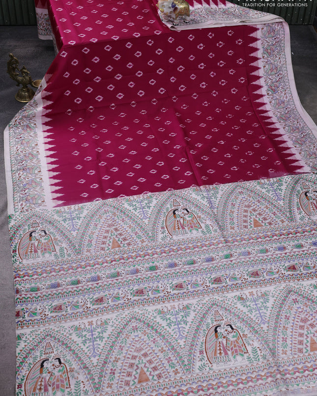 Pochampally silk saree dark pink and cream with allover ikat woven buttas and madhubani prints