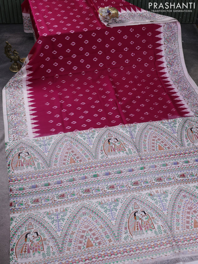 Pochampally silk saree dark pink and cream with allover ikat woven buttas and madhubani prints
