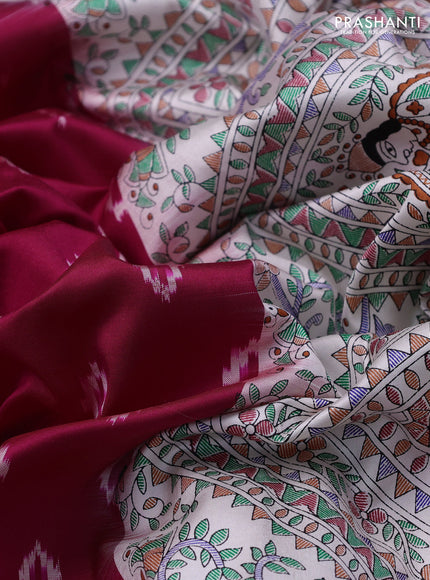 Pochampally silk saree dark pink and cream with allover ikat woven buttas and madhubani prints