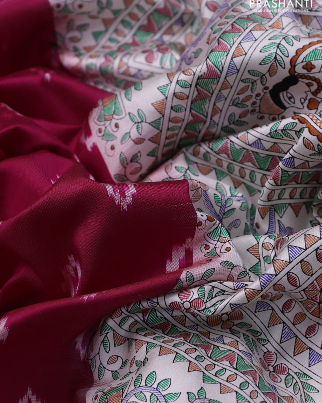 Pochampally silk saree dark pink and cream with allover ikat woven buttas and madhubani prints