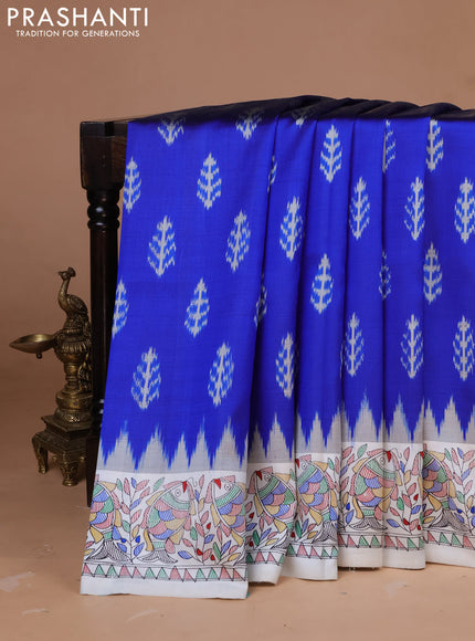 Pochampally silk saree blue and cream with allover ikat woven buttas and madhubani prints
