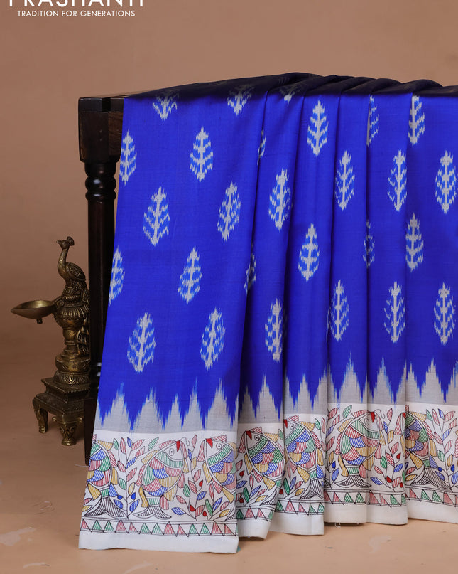 Pochampally silk saree blue and cream with allover ikat woven buttas and madhubani prints
