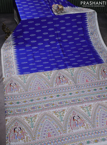 Pochampally silk saree blue and cream with allover ikat woven buttas and madhubani prints