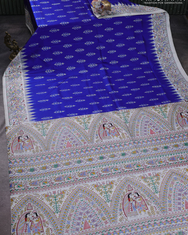 Pochampally silk saree blue and cream with allover ikat woven buttas and madhubani prints