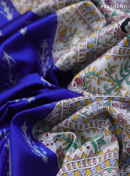Pochampally silk saree blue and cream with allover ikat woven buttas and madhubani prints