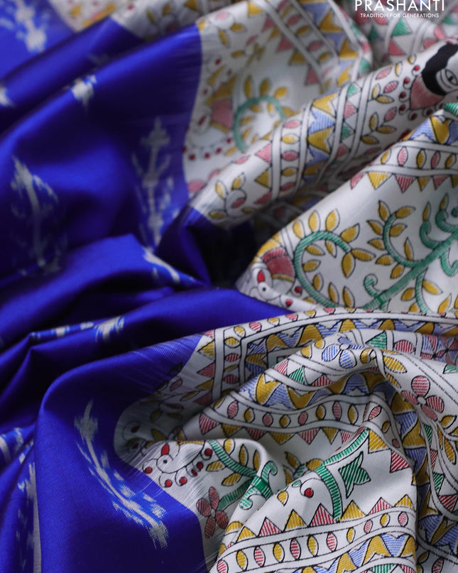 Pochampally silk saree blue and cream with allover ikat woven buttas and madhubani prints