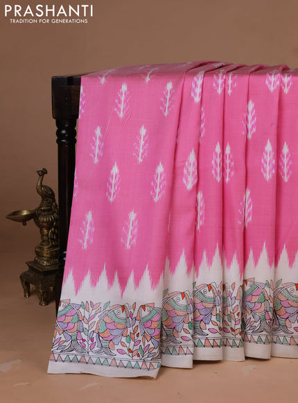 Pochampally silk saree light pink and cream with allover ikat woven buttas and madhubani prints