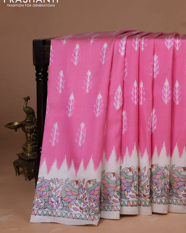 Pochampally silk saree light pink and cream with allover ikat woven buttas and madhubani prints