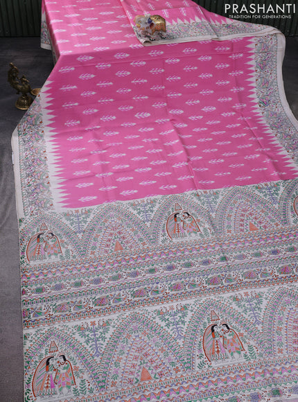 Pochampally silk saree light pink and cream with allover ikat woven buttas and madhubani prints
