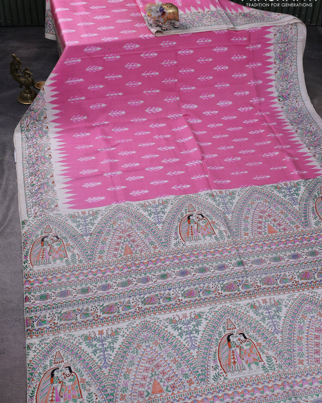 Pochampally silk saree light pink and cream with allover ikat woven buttas and madhubani prints