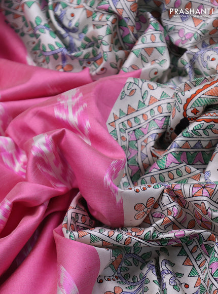 Pochampally silk saree light pink and cream with allover ikat woven buttas and madhubani prints