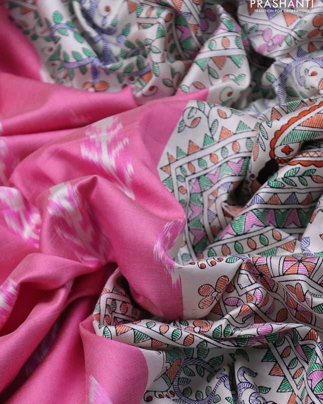 Pochampally silk saree light pink and cream with allover ikat woven buttas and madhubani prints