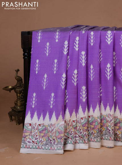Pochampally silk saree lavender and cream with allover ikat woven buttas and madhubani prints