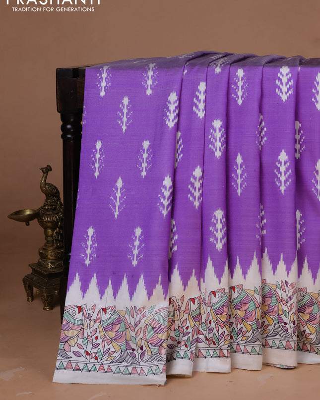 Pochampally silk saree lavender and cream with allover ikat woven buttas and madhubani prints