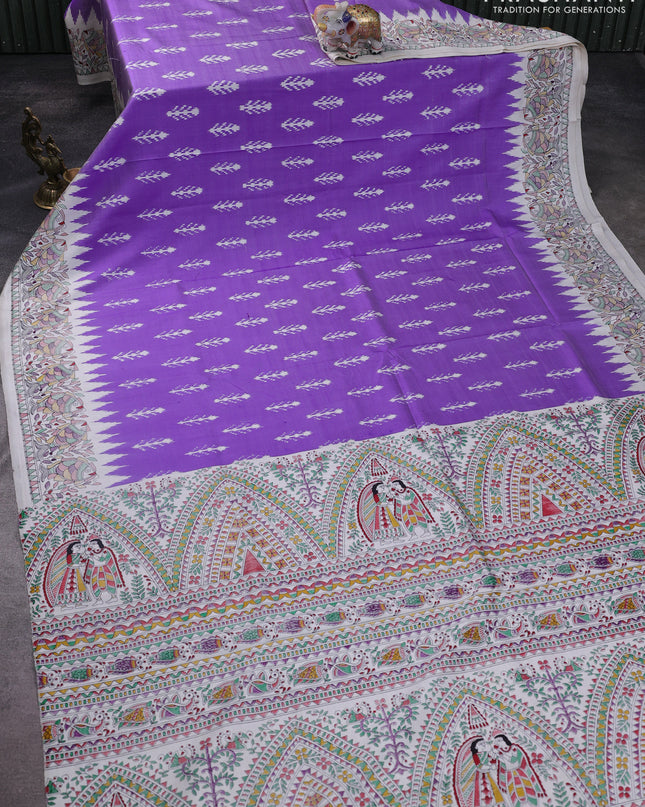 Pochampally silk saree lavender and cream with allover ikat woven buttas and madhubani prints