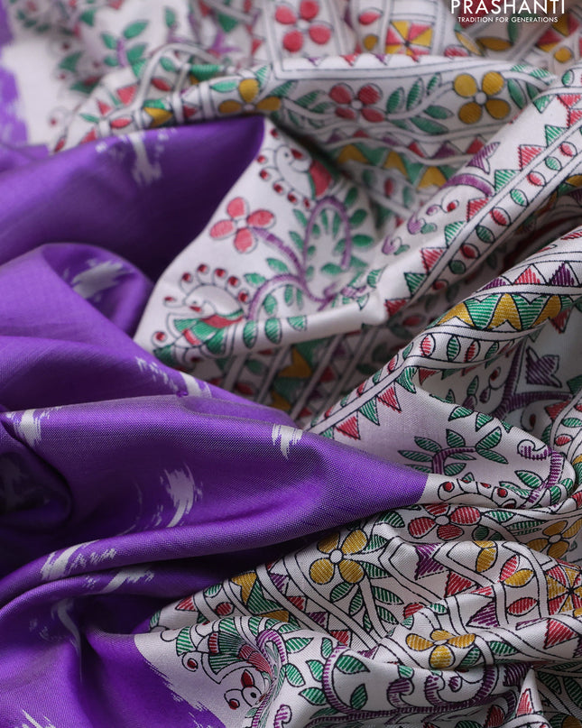 Pochampally silk saree lavender and cream with allover ikat woven buttas and madhubani prints