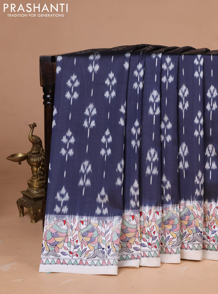 Pochampally silk saree elephant grey and off white with allover ikat woven buttas and madhubani prints