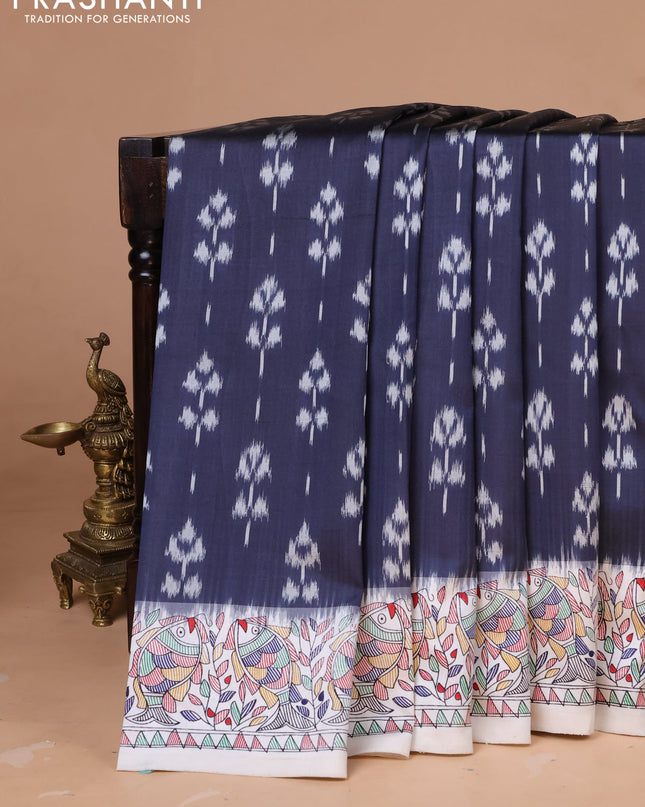 Pochampally silk saree elephant grey and off white with allover ikat woven buttas and madhubani prints