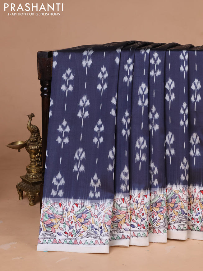 Pochampally silk saree elephant grey and off white with allover ikat woven buttas and madhubani prints