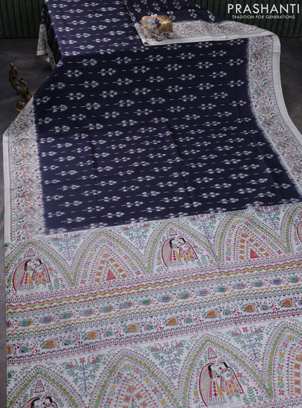 Pochampally silk saree elephant grey and off white with allover ikat woven buttas and madhubani prints