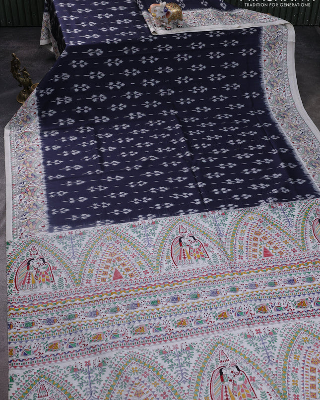 Pochampally silk saree elephant grey and off white with allover ikat woven buttas and madhubani prints