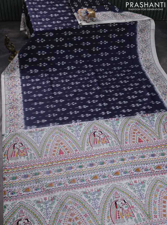 Pochampally silk saree elephant grey and off white with allover ikat woven buttas and madhubani prints