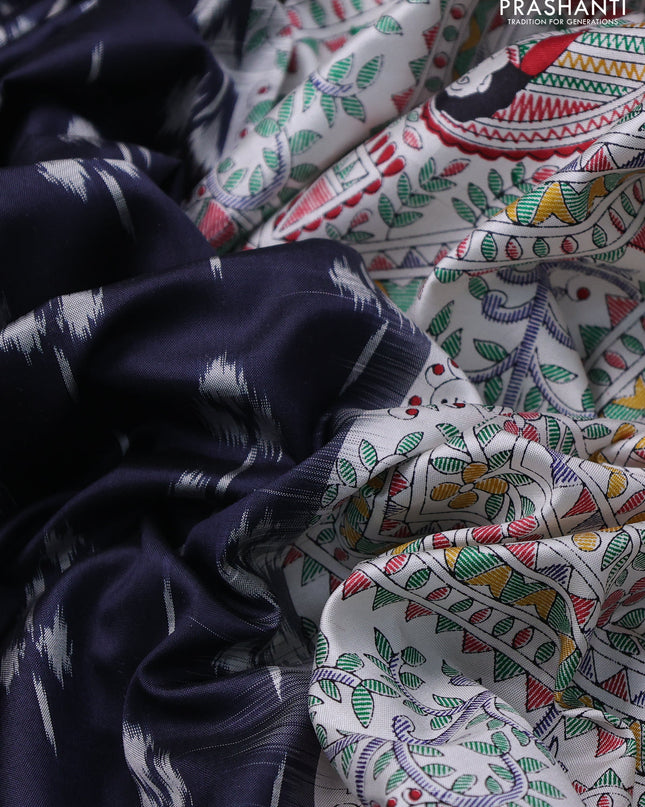 Pochampally silk saree elephant grey and off white with allover ikat woven buttas and madhubani prints