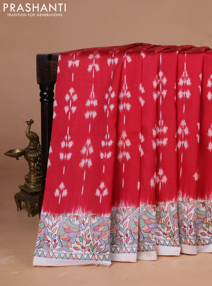 Pochampally silk saree maroon and cream with allover ikat woven buttas and madhubani prints