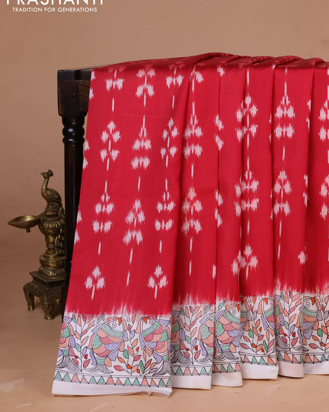 Pochampally silk saree maroon and cream with allover ikat woven buttas and madhubani prints