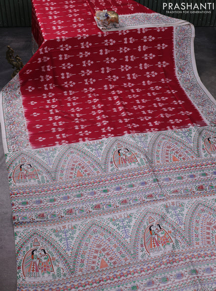 Pochampally silk saree maroon and cream with allover ikat woven buttas and madhubani prints