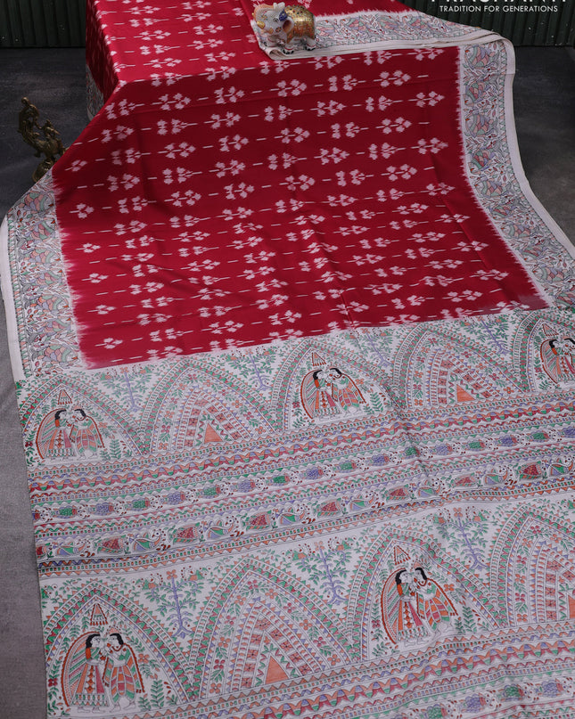 Pochampally silk saree maroon and cream with allover ikat woven buttas and madhubani prints
