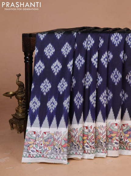 Pochampally silk saree navy blue and cream with allover ikat woven buttas and madhubani prints