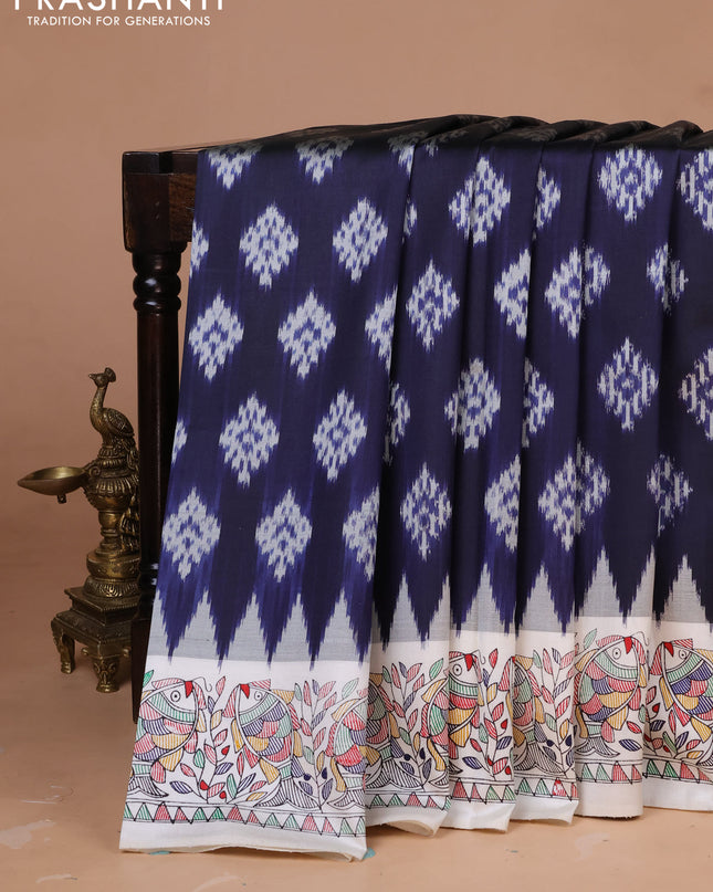 Pochampally silk saree navy blue and cream with allover ikat woven buttas and madhubani prints