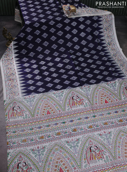 Pochampally silk saree navy blue and cream with allover ikat woven buttas and madhubani prints
