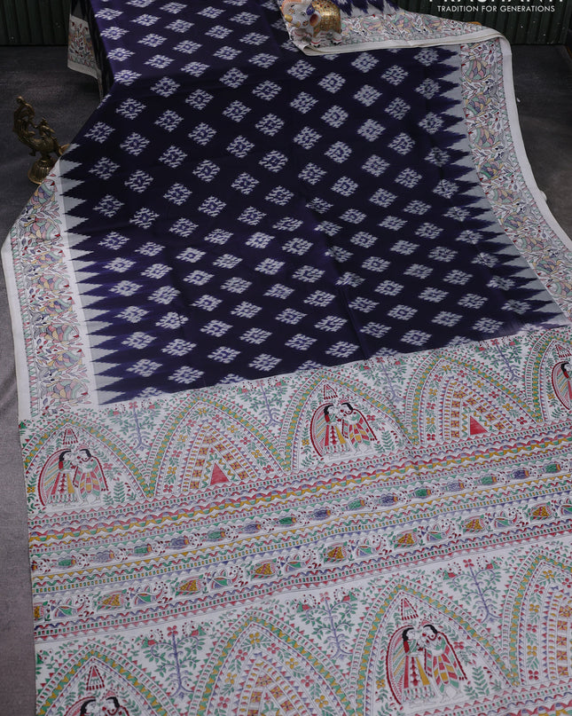 Pochampally silk saree navy blue and cream with allover ikat woven buttas and madhubani prints