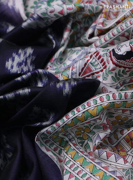 Pochampally silk saree navy blue and cream with allover ikat woven buttas and madhubani prints