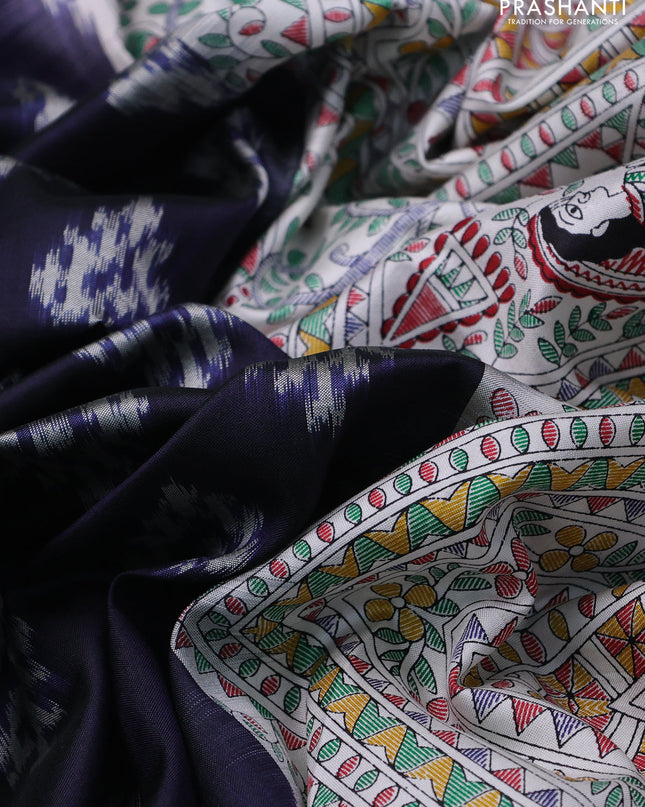 Pochampally silk saree navy blue and cream with allover ikat woven buttas and madhubani prints