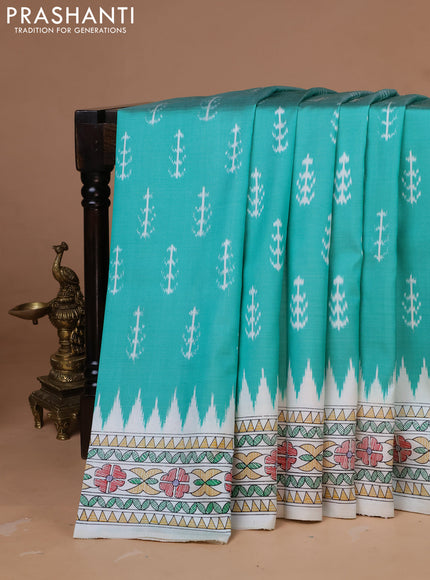Pochampally silk saree teal green and cream with allover ikat woven buttas and madhubani prints