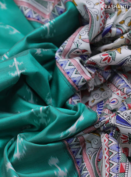 Pochampally silk saree teal green and cream with allover ikat woven buttas and madhubani prints