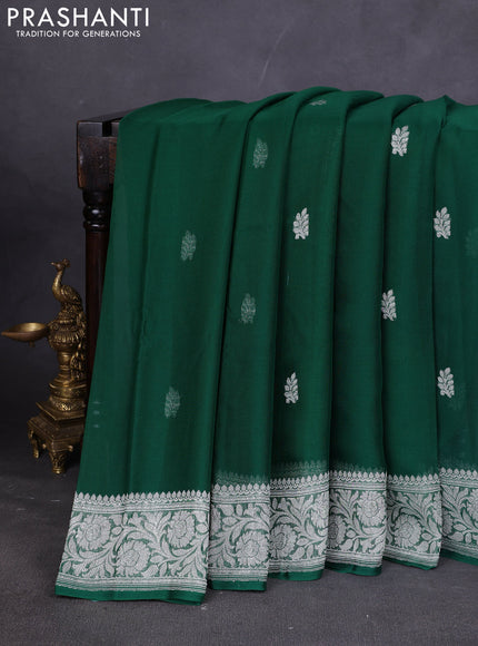 Banarasi chiffon saree green with silver zari woven buttas and floral silver zari woven border
