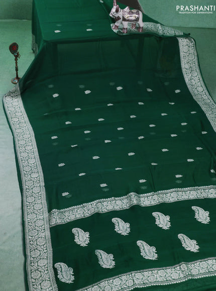 Banarasi chiffon saree green with silver zari woven buttas and floral silver zari woven border