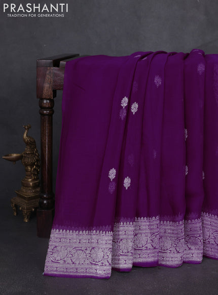 Banarasi chiffon saree purple with silver zari woven buttas and floral silver zari woven border