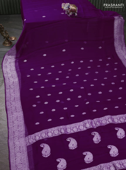 Banarasi chiffon saree purple with silver zari woven buttas and floral silver zari woven border