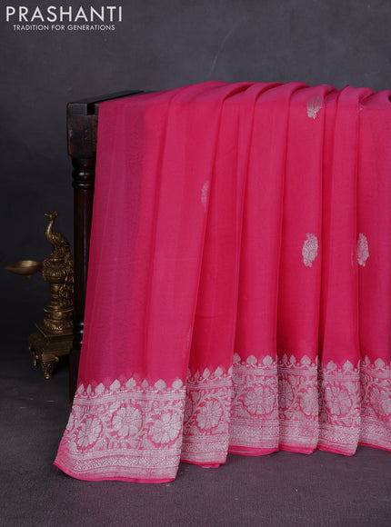 Banarasi chiffon saree peach pink with silver zari woven buttas and floral silver zari woven border