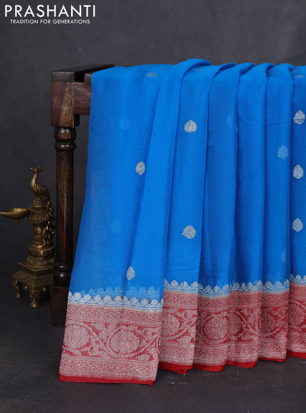 Banarasi chiffon saree cs blue and maroon with silver zari woven buttas and floral silver zari woven border